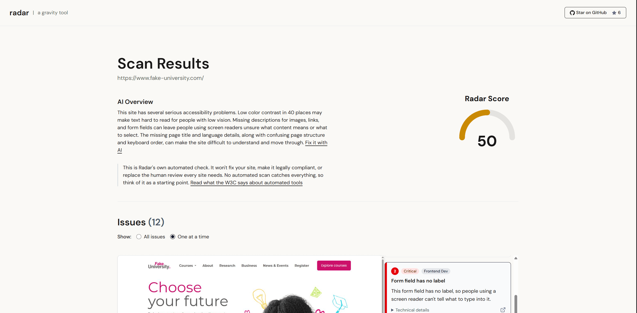 Radar scan results page with a plain-English AI overview and a Radar Score gauge showing 50