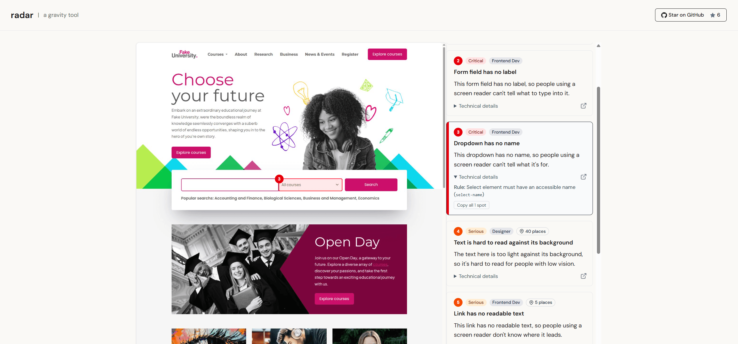 Radar issue view highlighting a flagged search field on a page screenshot next to plain-English issue cards