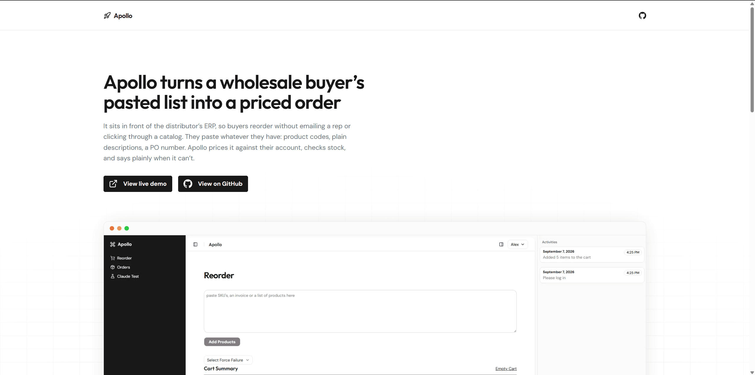 The Apollo landing page, headed "Apollo turns a wholesale buyer's pasted list into a priced order", with View live demo and View on GitHub buttons above a framed screenshot of the app