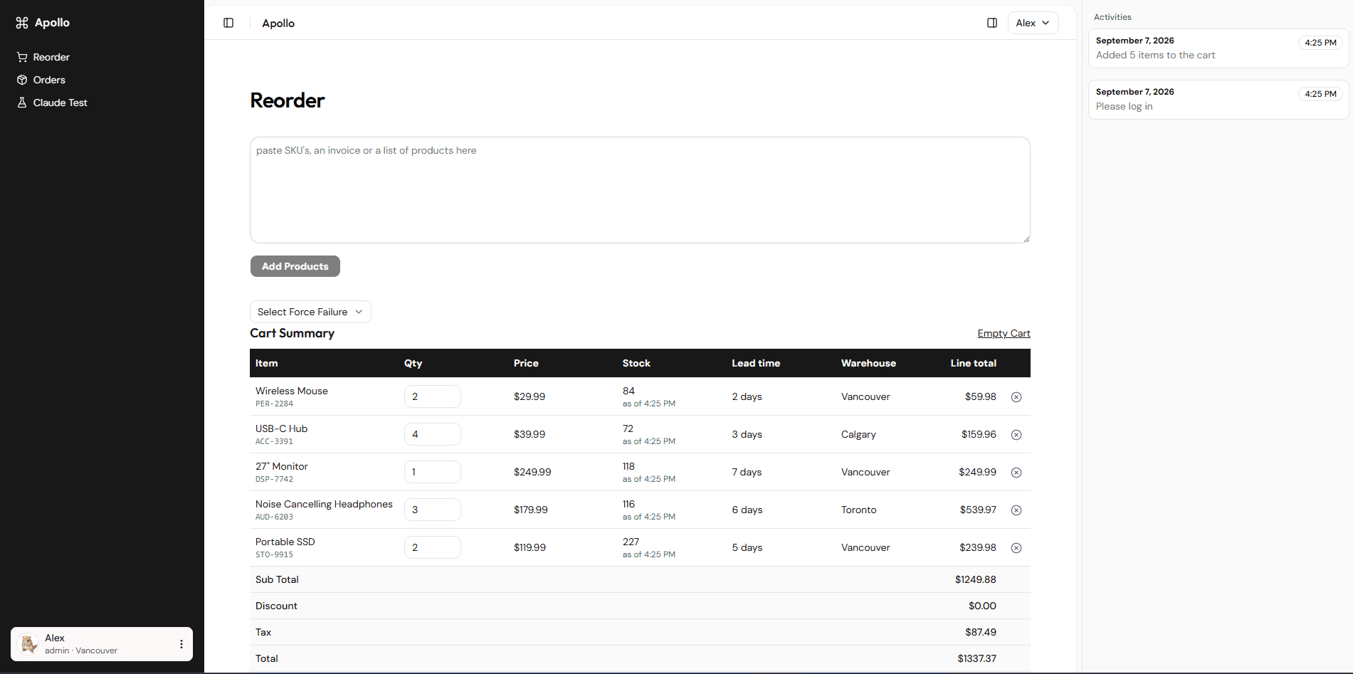The Apollo reorder page: a paste box above a cart of five priced line items showing stock, lead time and warehouse per row, with an activity log alongside