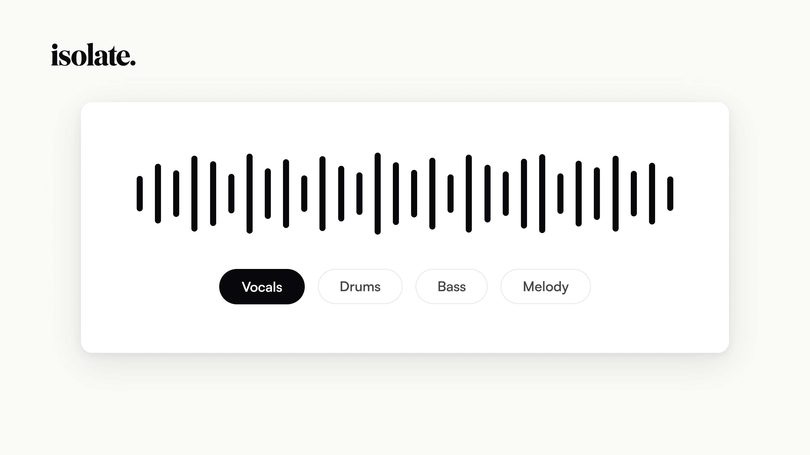Waveform with Vocals, Drums, Bass, and Melody stem selection pills on a floating card