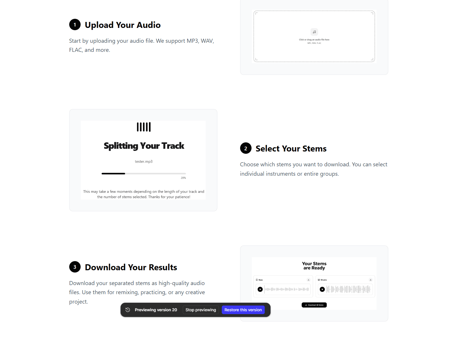 isolate how it works page showing the three-step flow: upload, select stems, download