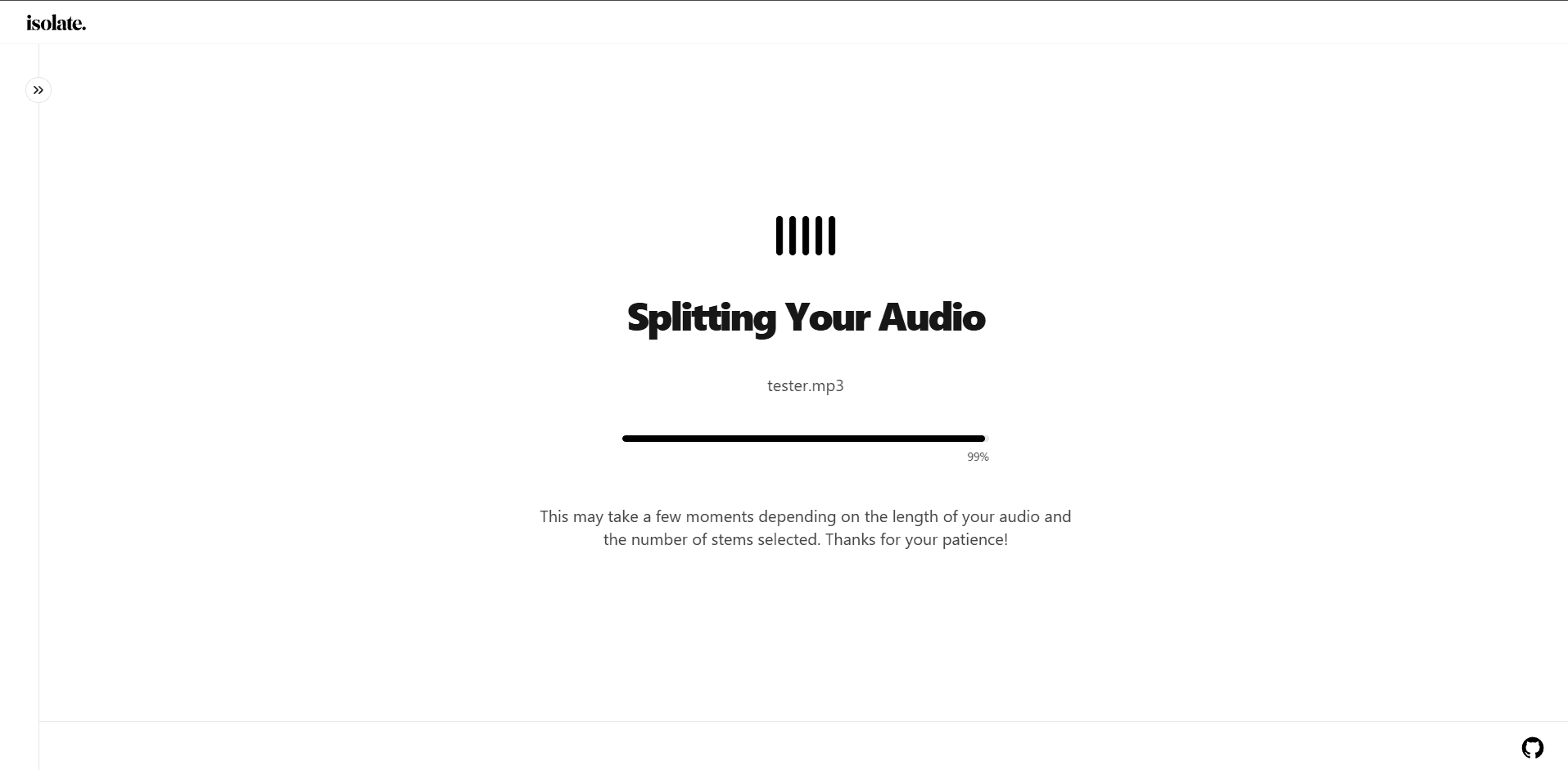 isolate stem selection screen with waveform preview and Vocals, Drums, Bass, Melody buttons