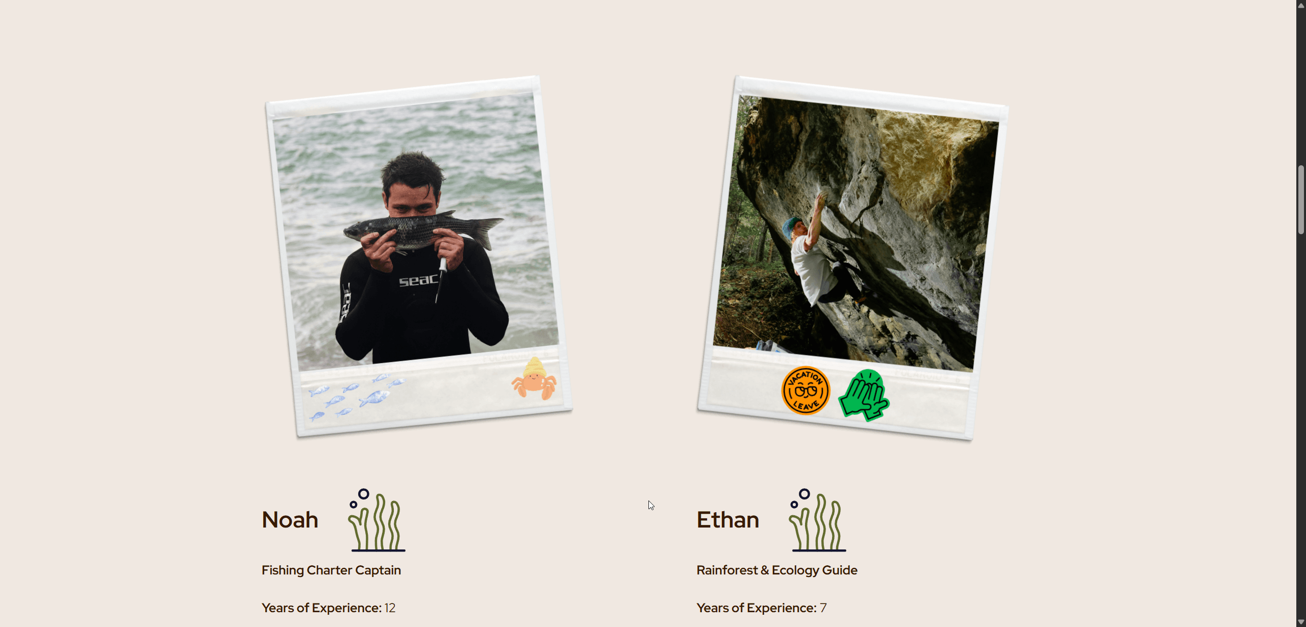 Tofino Time team page showing guide profiles with Polaroid-style photos and custom illustrated stickers