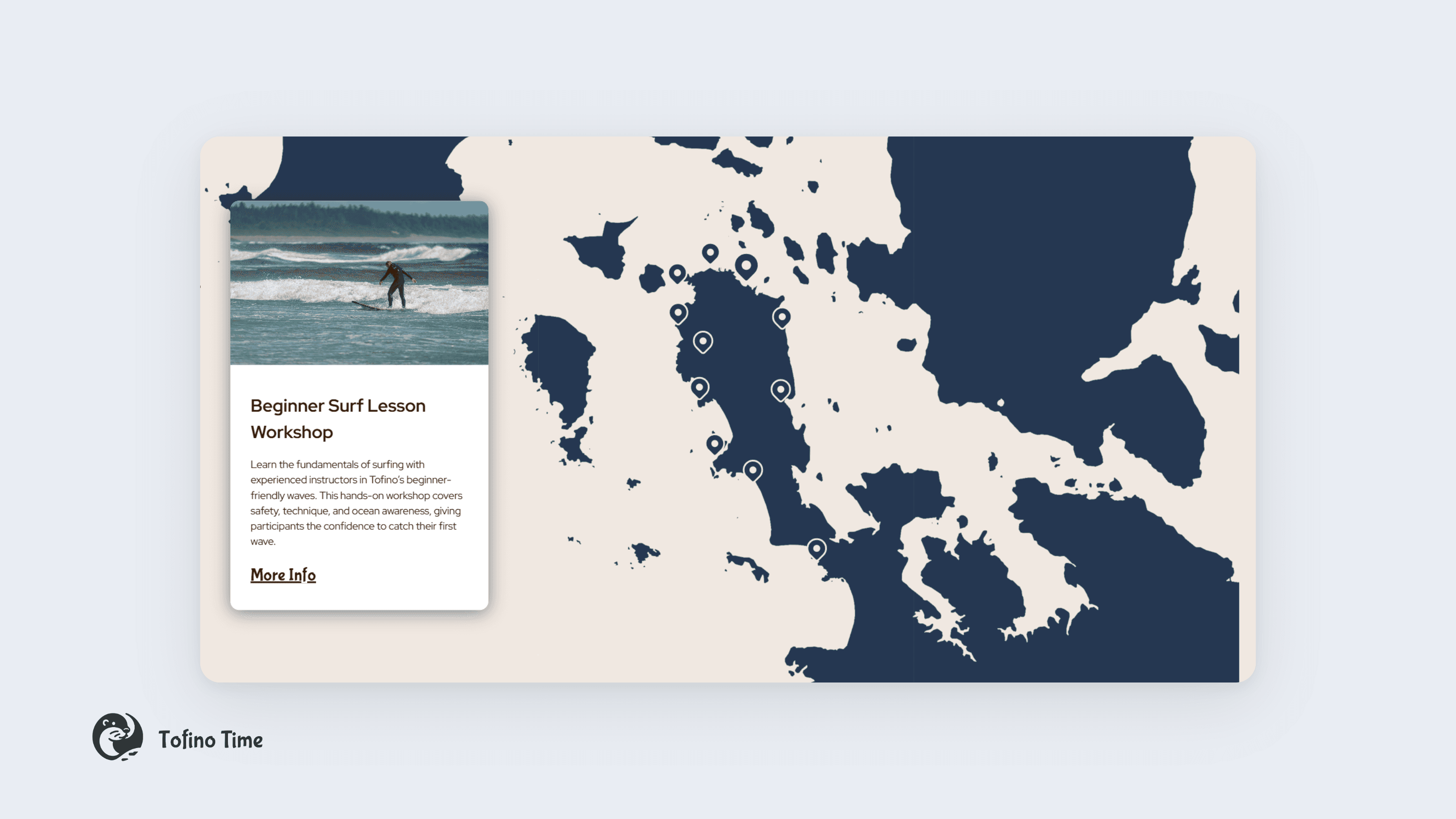 Custom Leaflet map with navy tiles, location pins, and a surf lesson workshop popup card