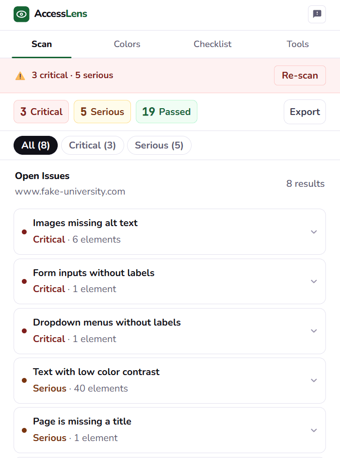 Orbit scan results listing accessibility issues with plain-English explanations